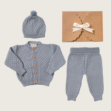 PACK23MOI24 Pack tejido 3 piezas celeste S/. 199 Chompa cardigan Baby Boy Rikury Rikury